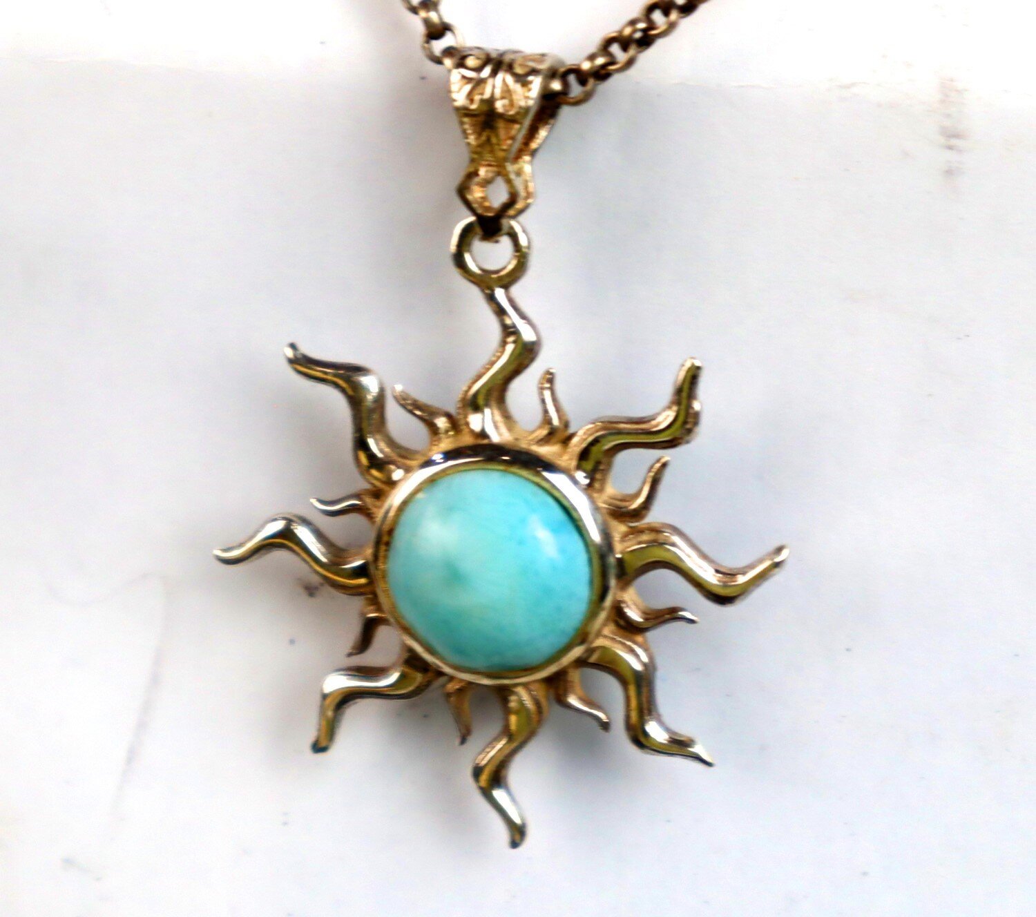 Charming Design Natural Sky Blue Larimar .925 Sterling Silver Sun Pendant 49mm – photo 9