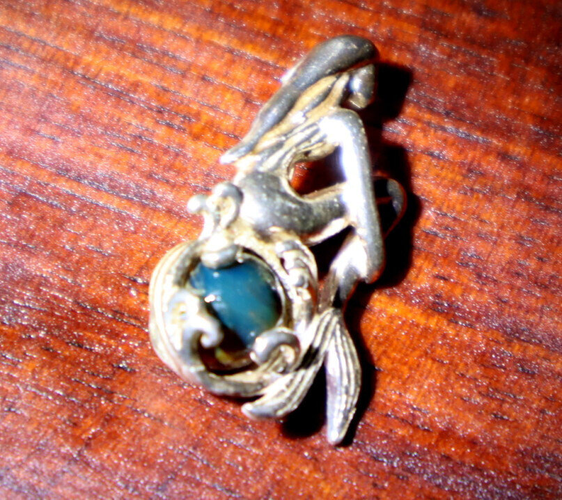 Exquisite Natural Deep Blue Amber .925 Sterling Silver Mermaid Nixe Pendant 27mm – photo 5
