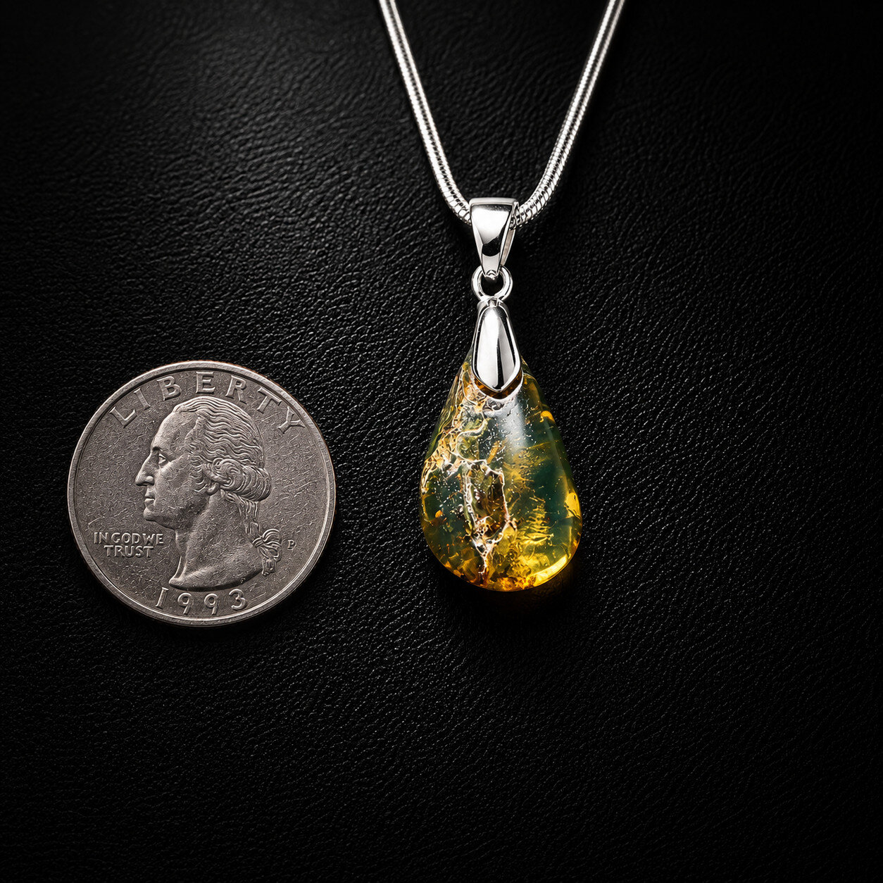 Natural Dominican Green Amber Pendant 925 Sterling Silver 38mm Polished Olive – photo 5