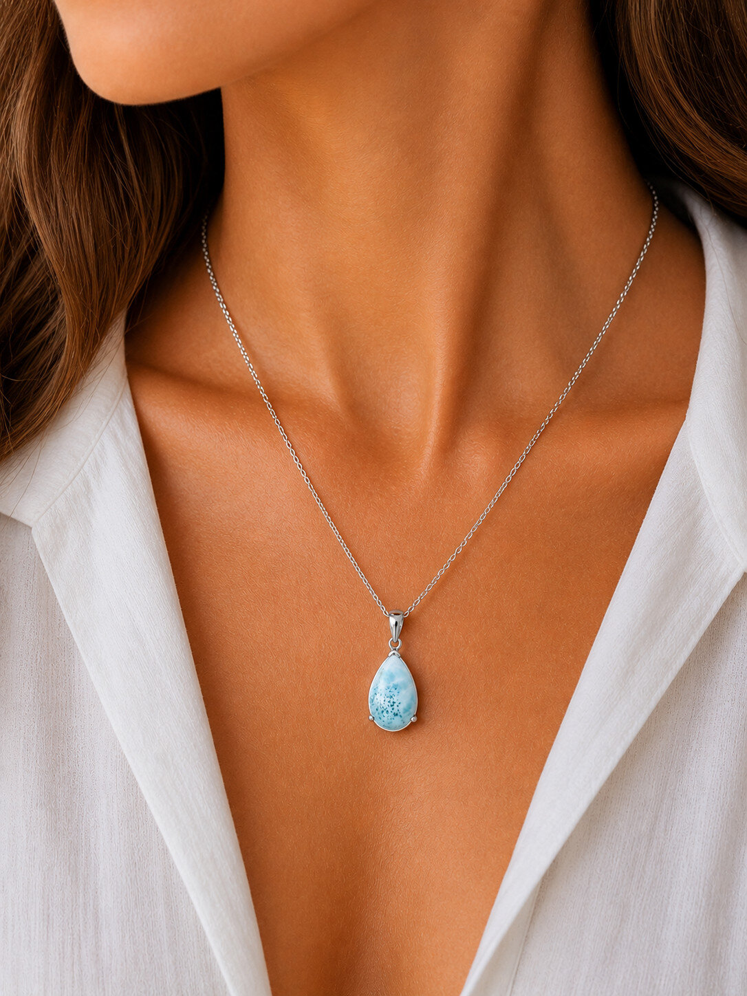 Finest Natural Light Blue Larimar .925 Sterling Silver Pendant 34mm – photo 2