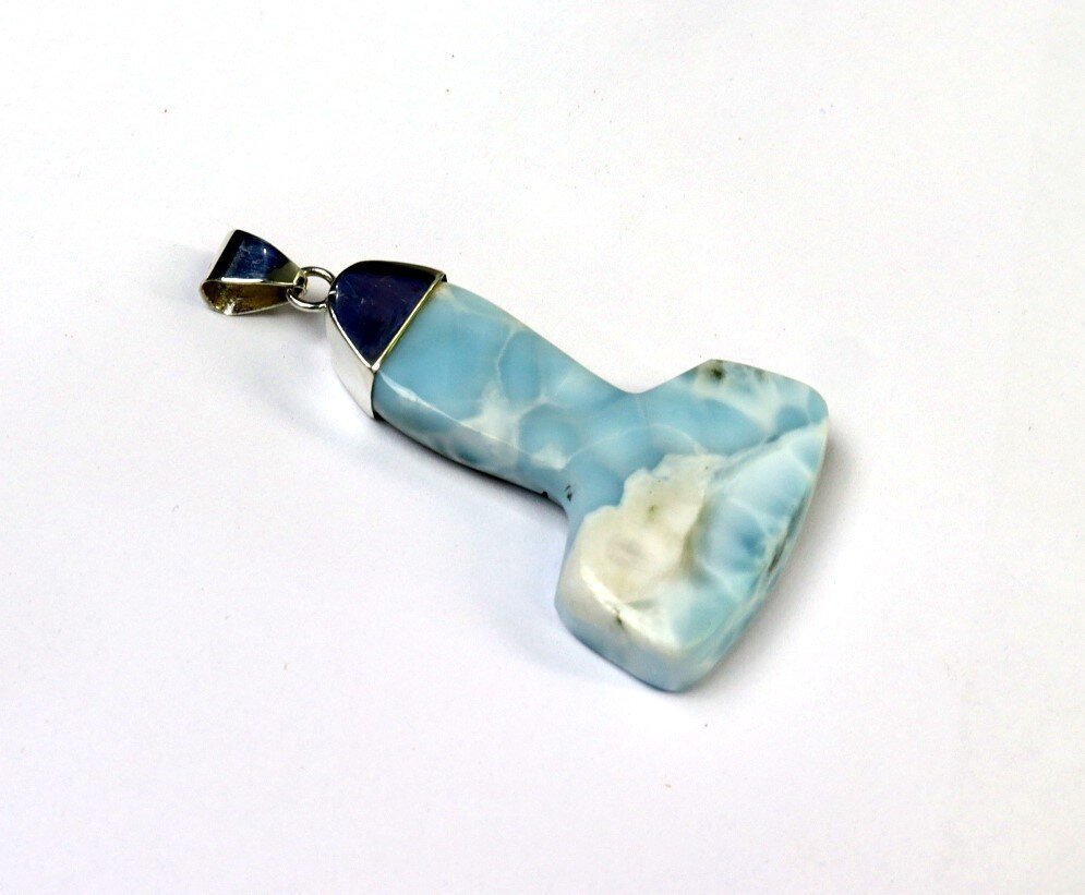 Impressive Natural Blue Larimar .925 Sterling Silver Thor's Hammer Pendant 56mm – photo 4