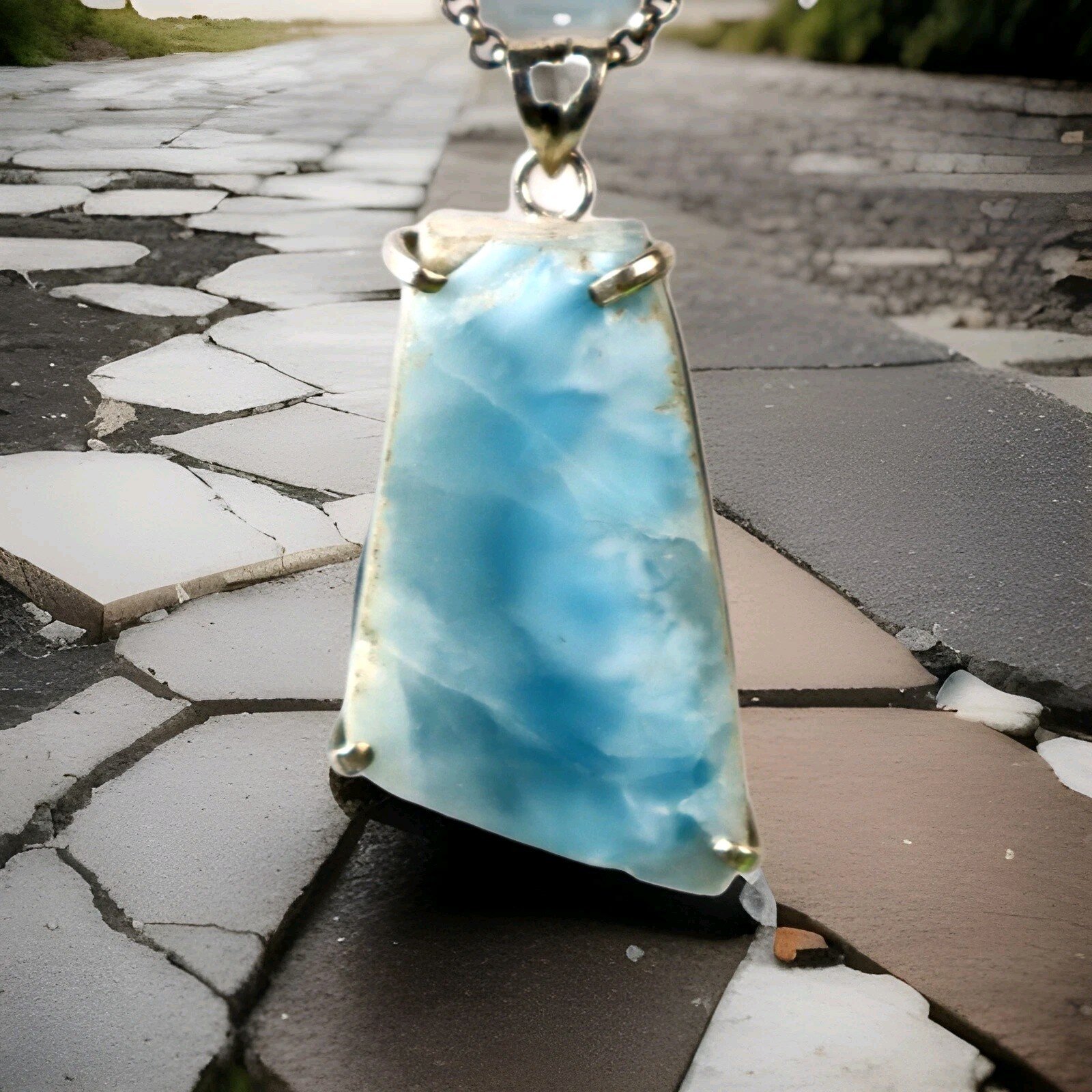 Natural Deep Blue Larimar slice .925 Sterling Silver Pendant 53mm – photo 10