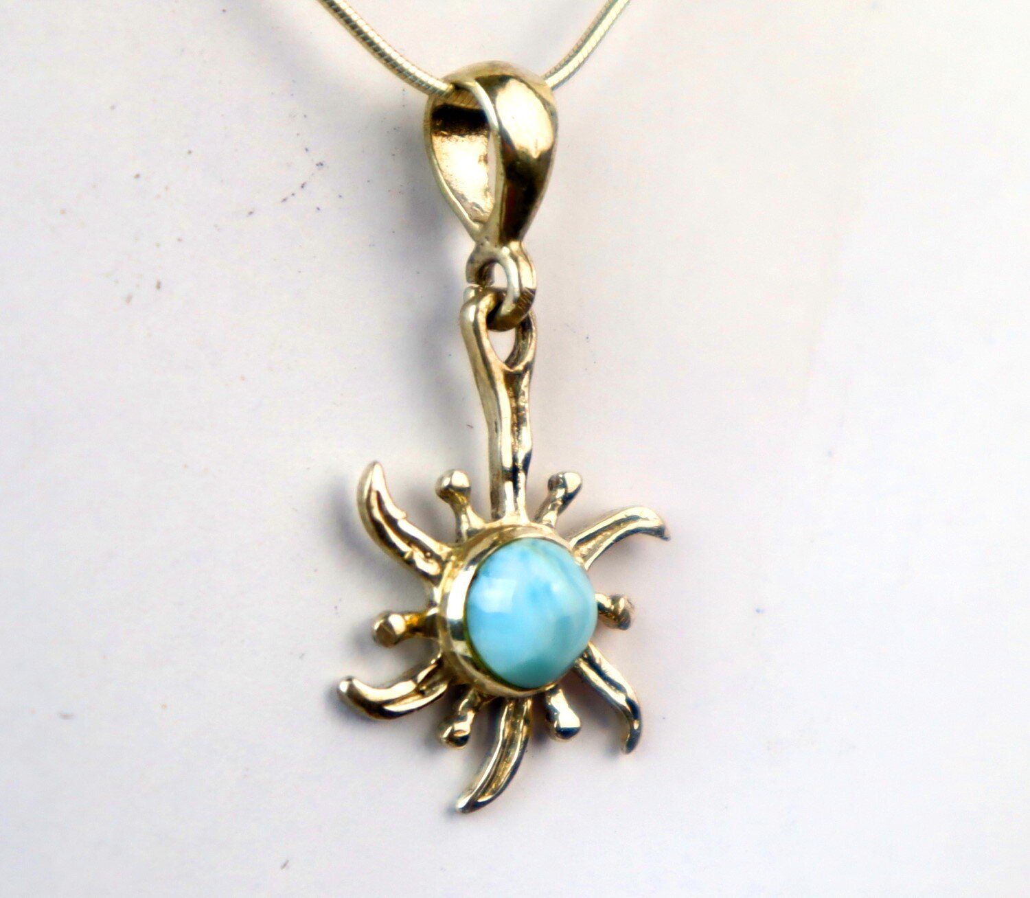 Sky Blue Larimar .925 Sterling Silver Sun Pendant w. Snake Chain Necklace 16 in – photo 6