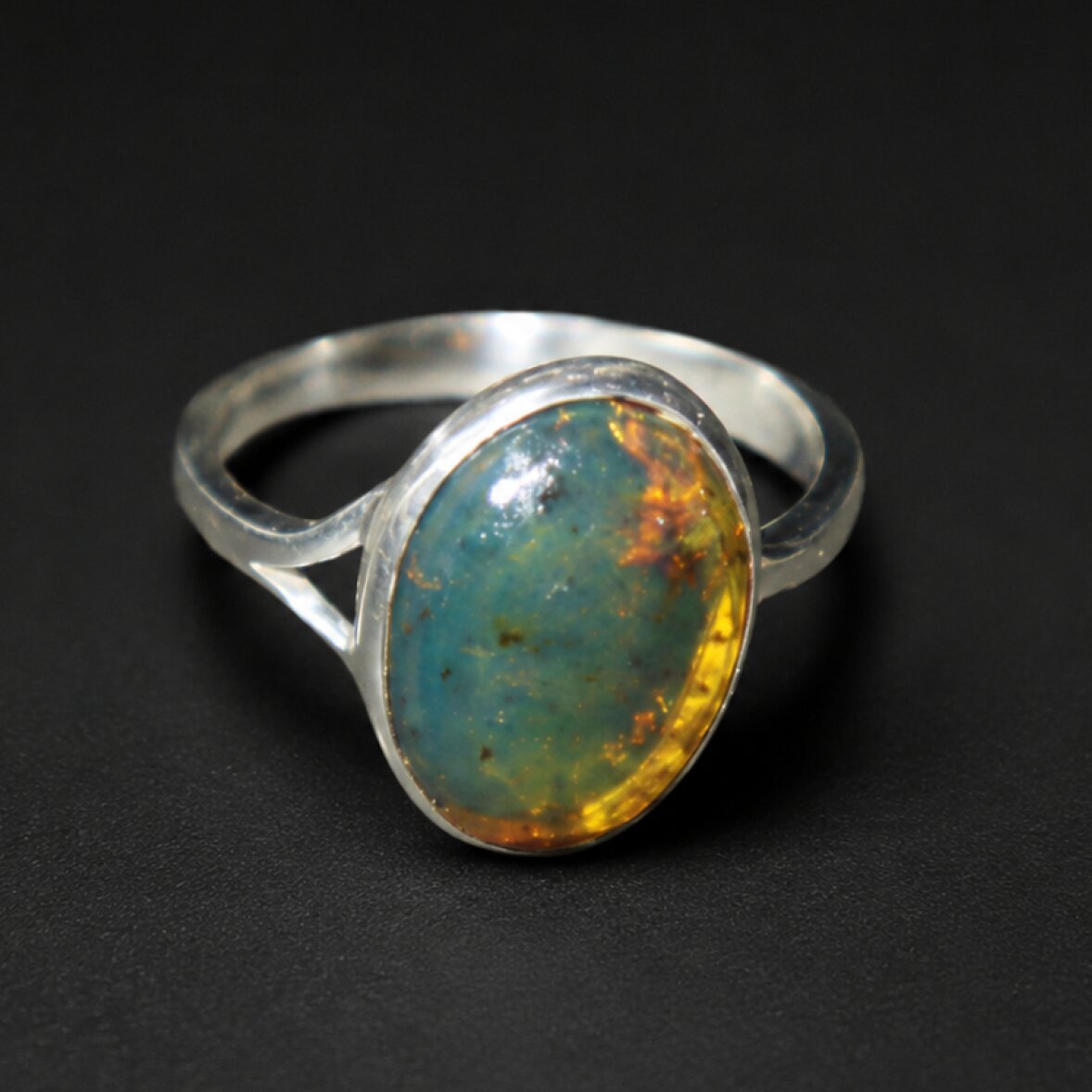 Carefully Handmade Clear Light Blue Dominican Amber 925 Sterling Silver Ring #6.25