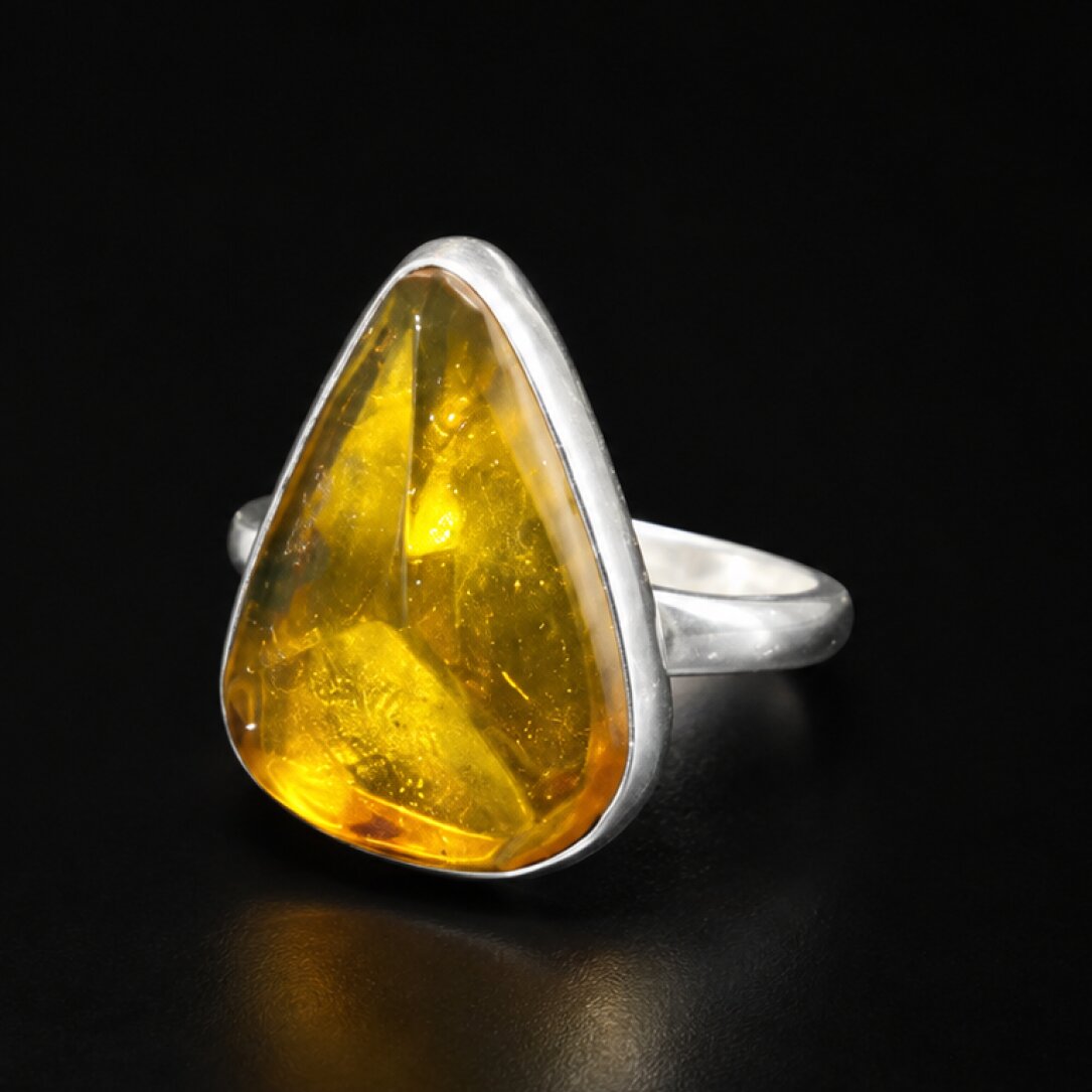 Handcrafted Clear Light Orange Dominican Amber 925 Sterling Silver Ring #5