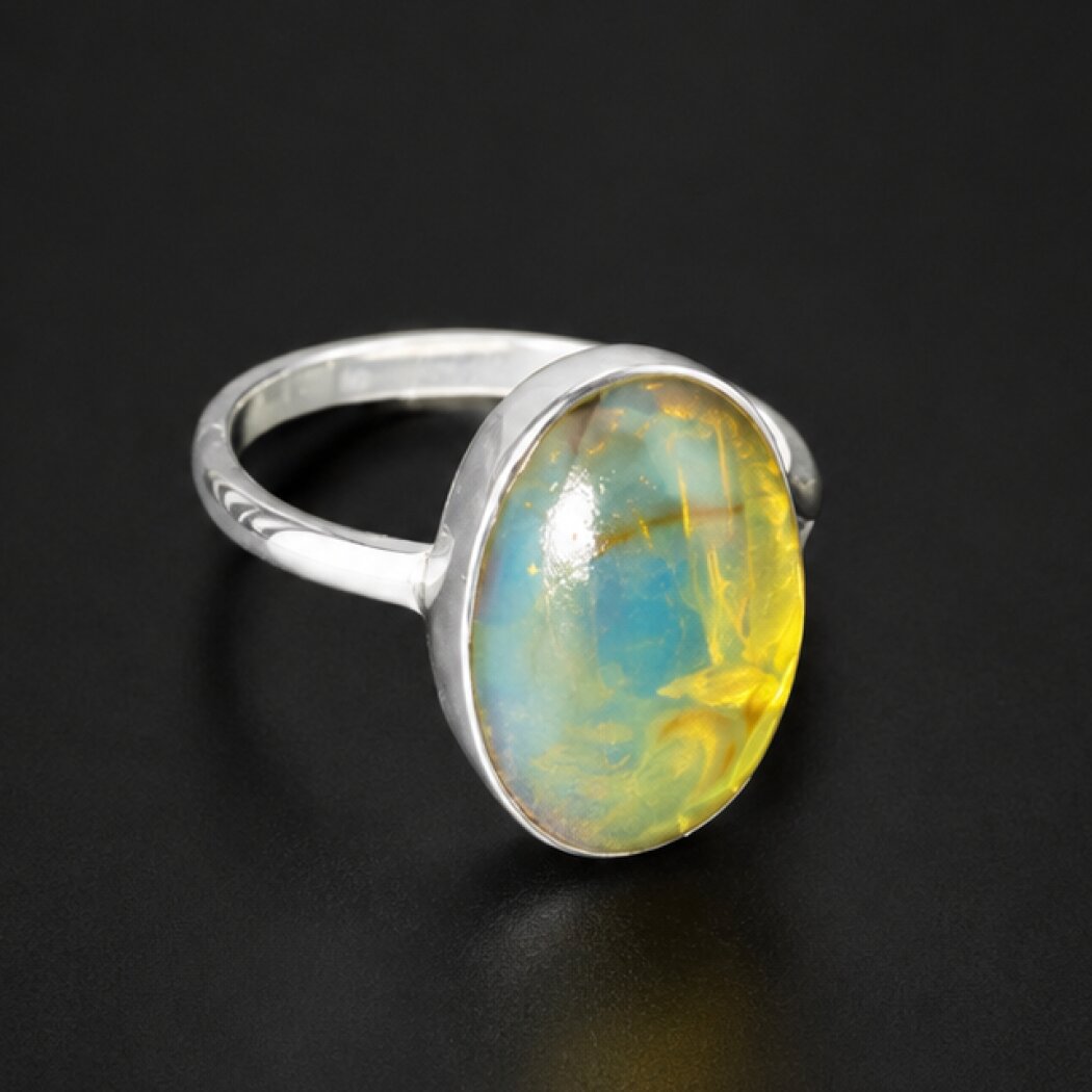 Organic Beauty Clear Green Blue Dominican Amber 925 Sterling Silver Ring