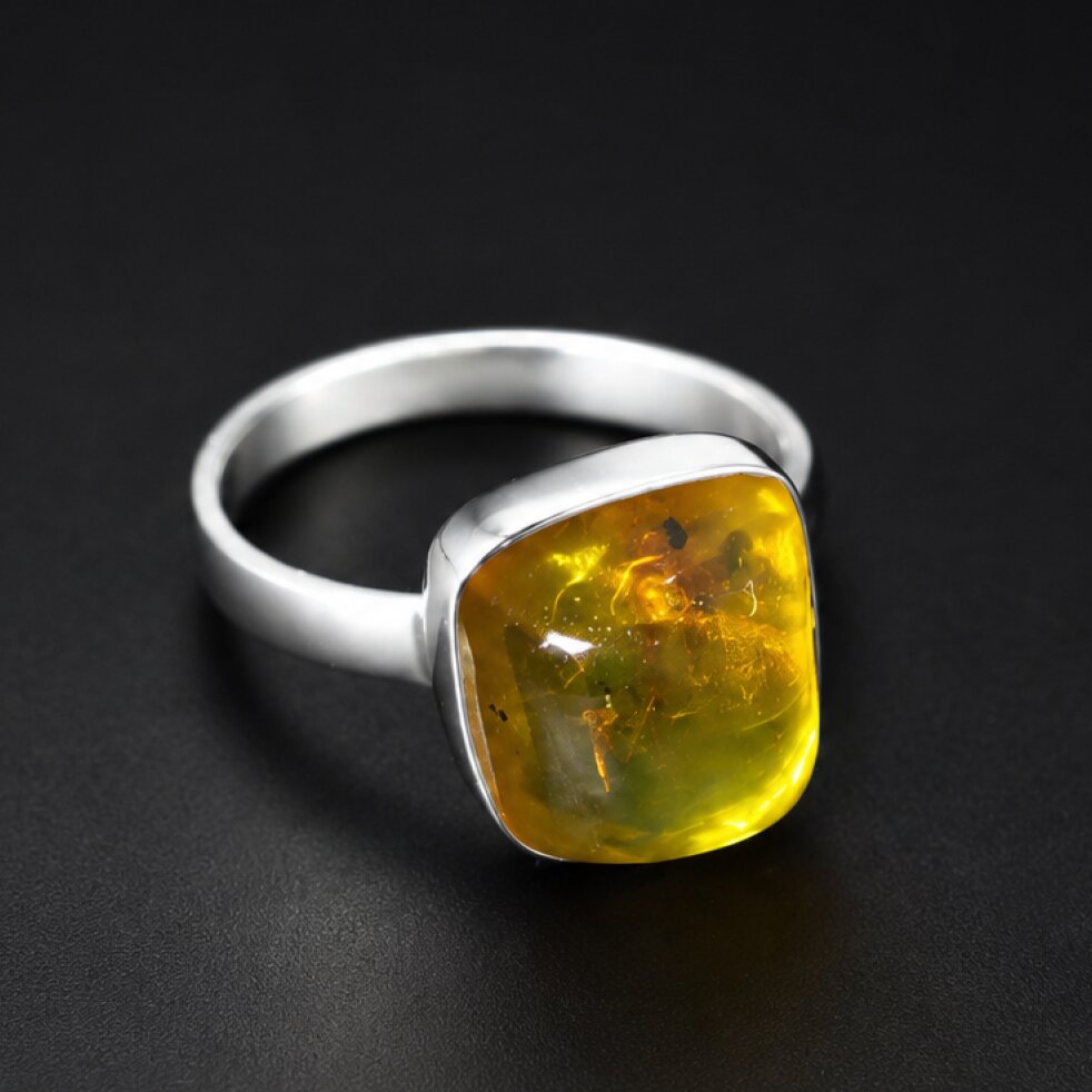 Handmade Clear Yellow Dominican Amber 925 Sterling Silver Ring #6