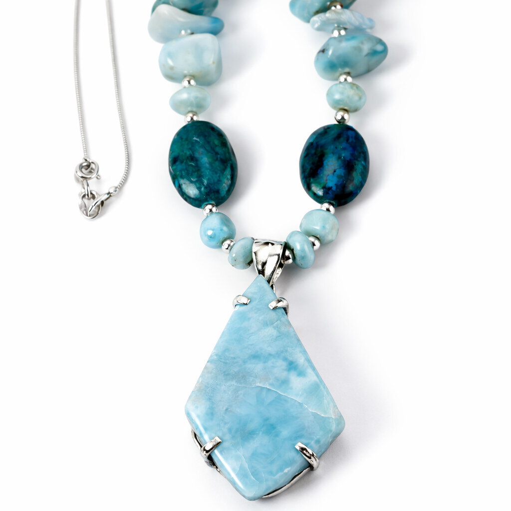 Impressive Natural Blue Larimar Turquoise .925 Sterling Silver Necklace 18inch
