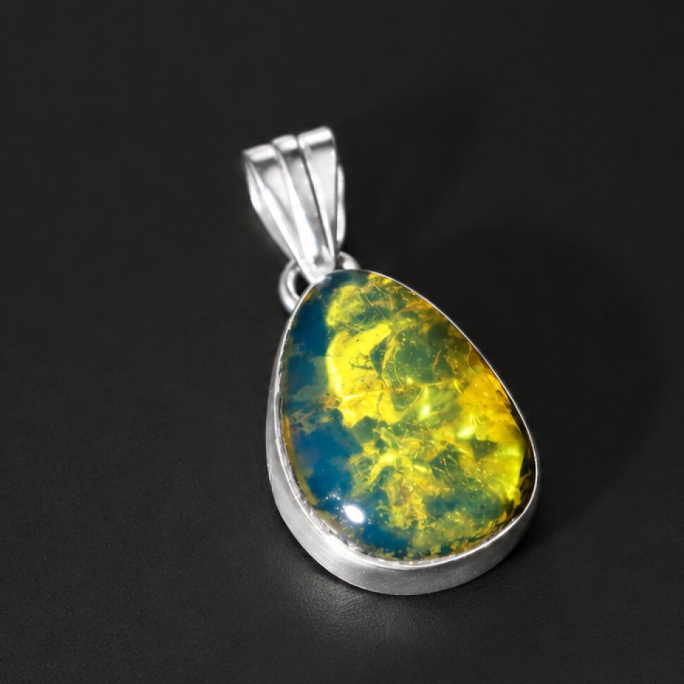 Clear yellow blue Natural Dominican Amber teardrop 925 Sterling Pendant 30 mm