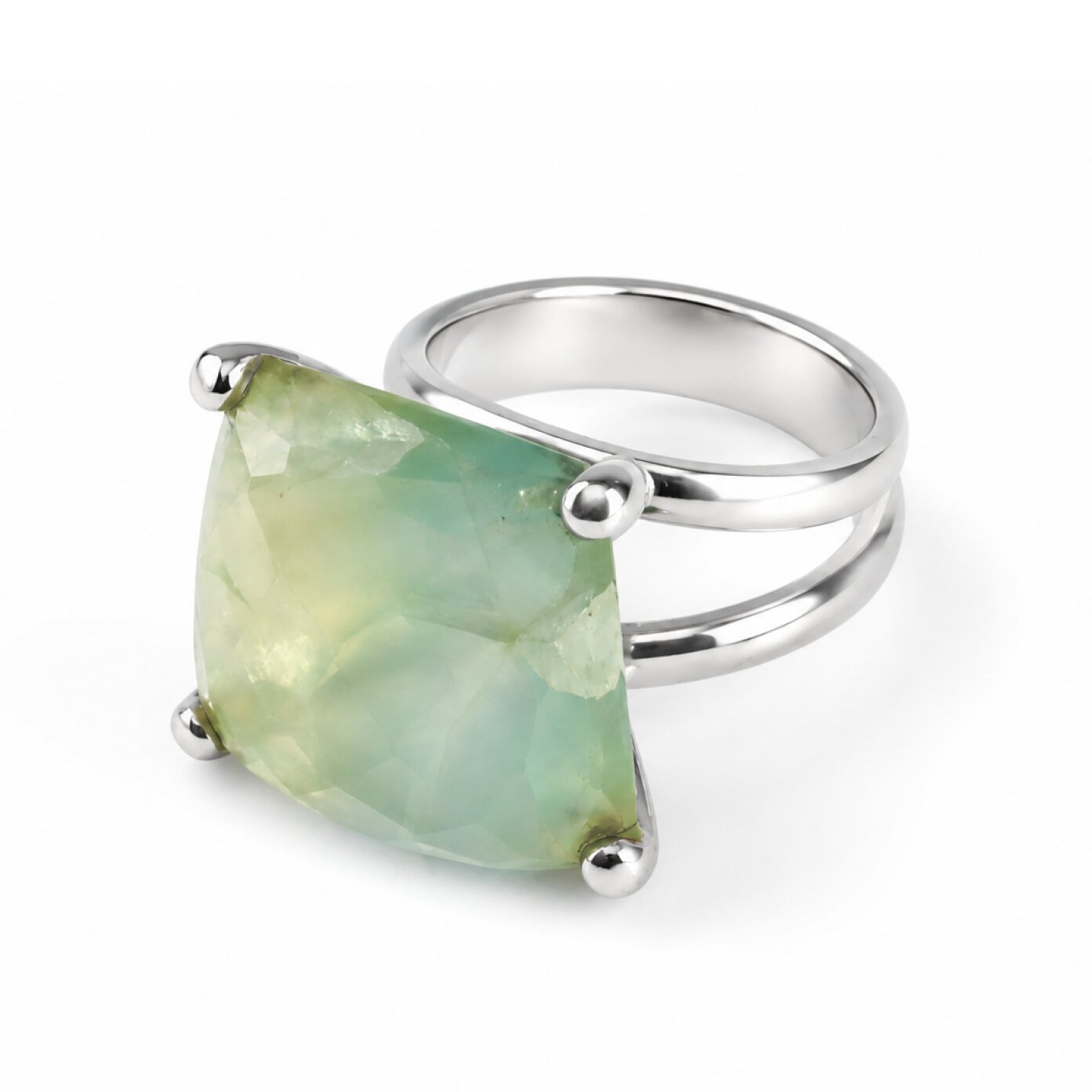 Clear bright green Prehnite trapez 925 Sterling Silver Ring Size 8.25