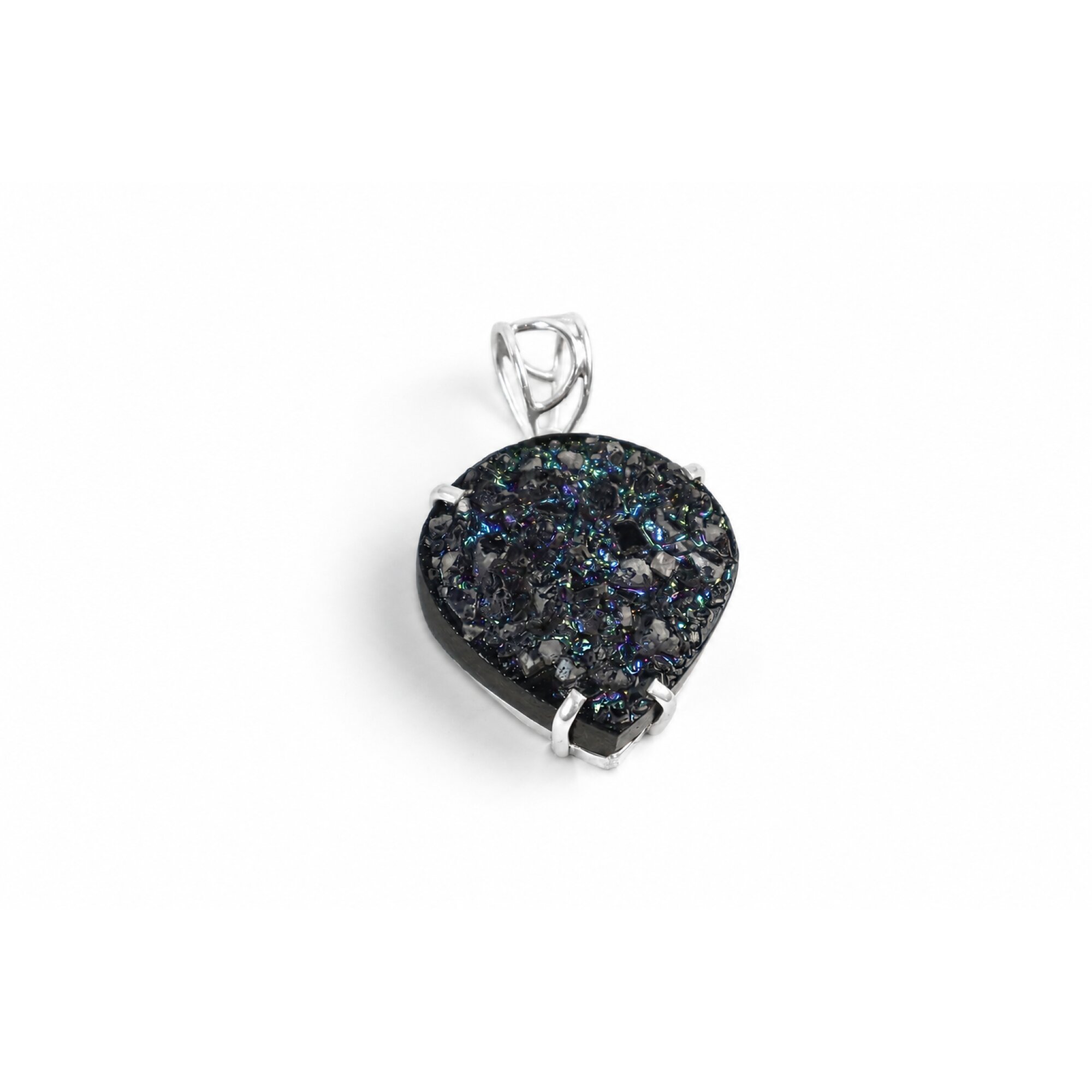 Clear dark blue green Natural Titanium Druzy Quartz heart 925 Pendant 50 mm – photo 4