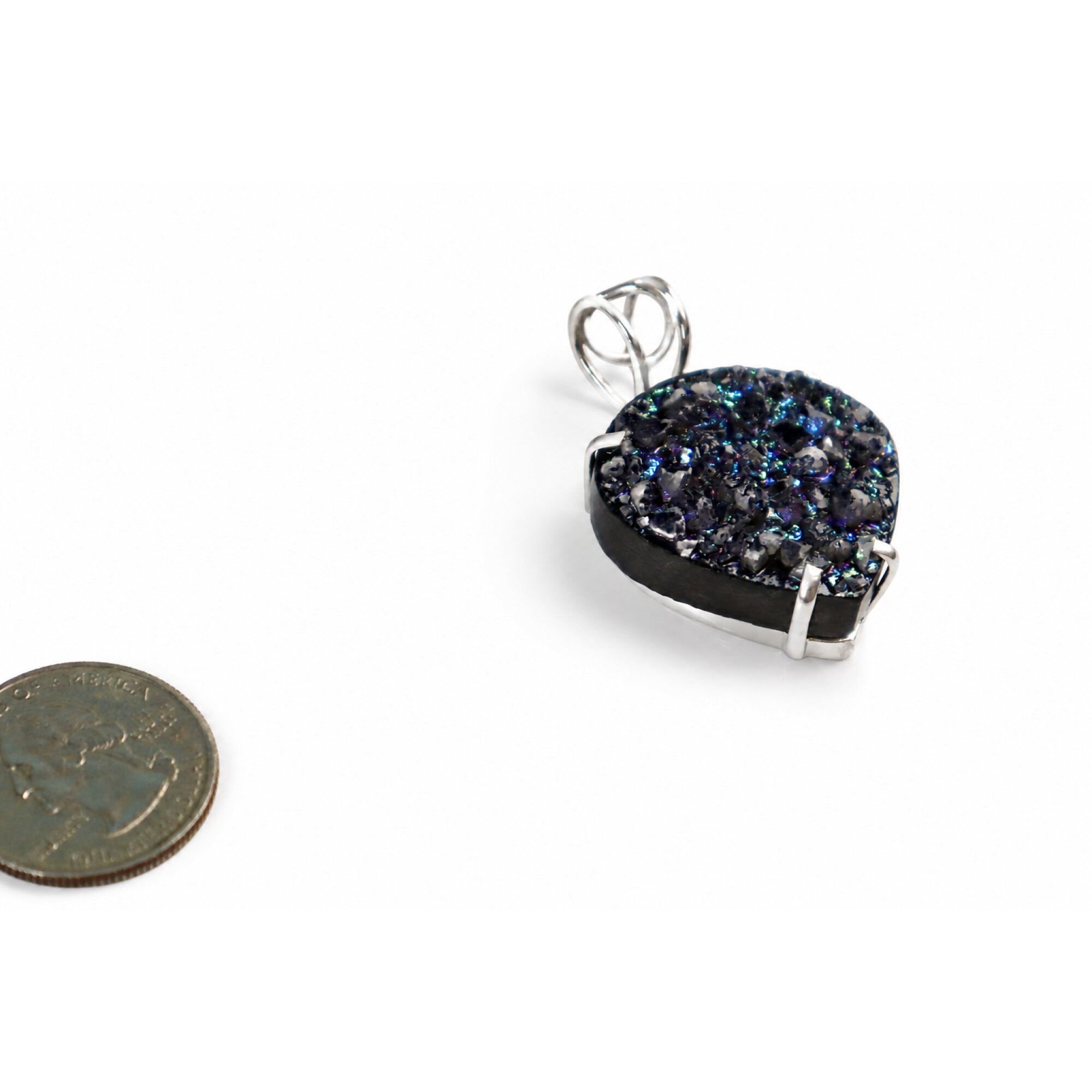 Clear dark blue green Natural Titanium Druzy Quartz heart 925 Pendant 50 mm – photo 6