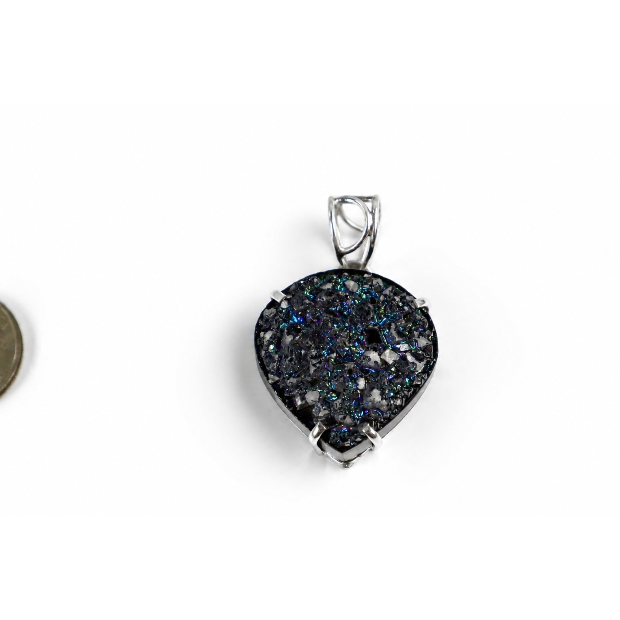 Clear dark blue green Natural Titanium Druzy Quartz heart 925 Pendant 50 mm – photo 8