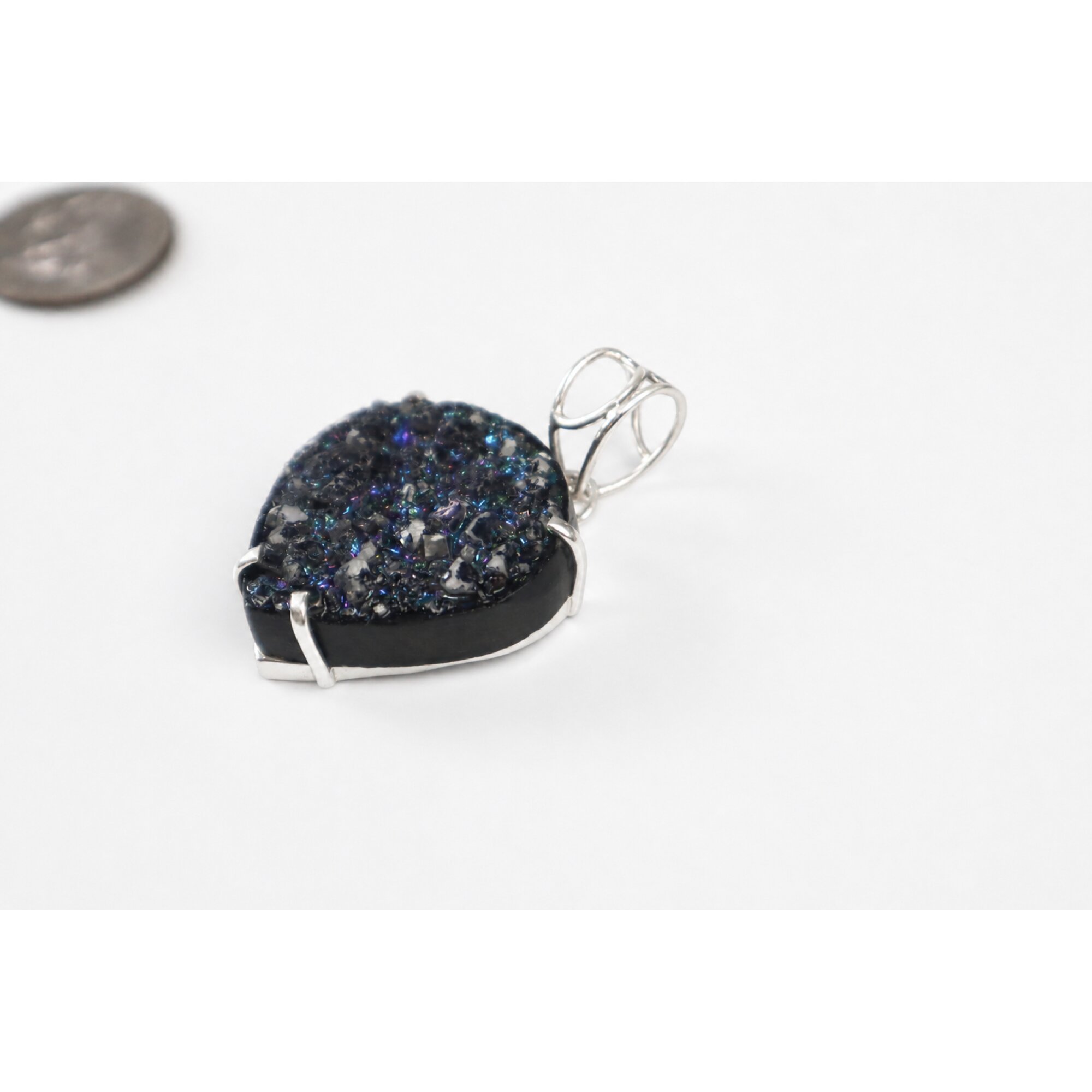 Clear dark blue green Natural Titanium Druzy Quartz heart 925 Pendant 50 mm – photo 10
