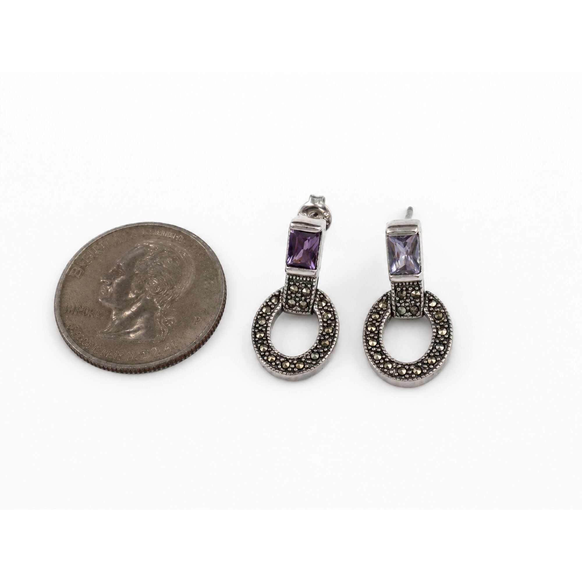 Clear light purple Natural amethyst with Marcasite 925 Sterling Earrings 24 mm – photo 6