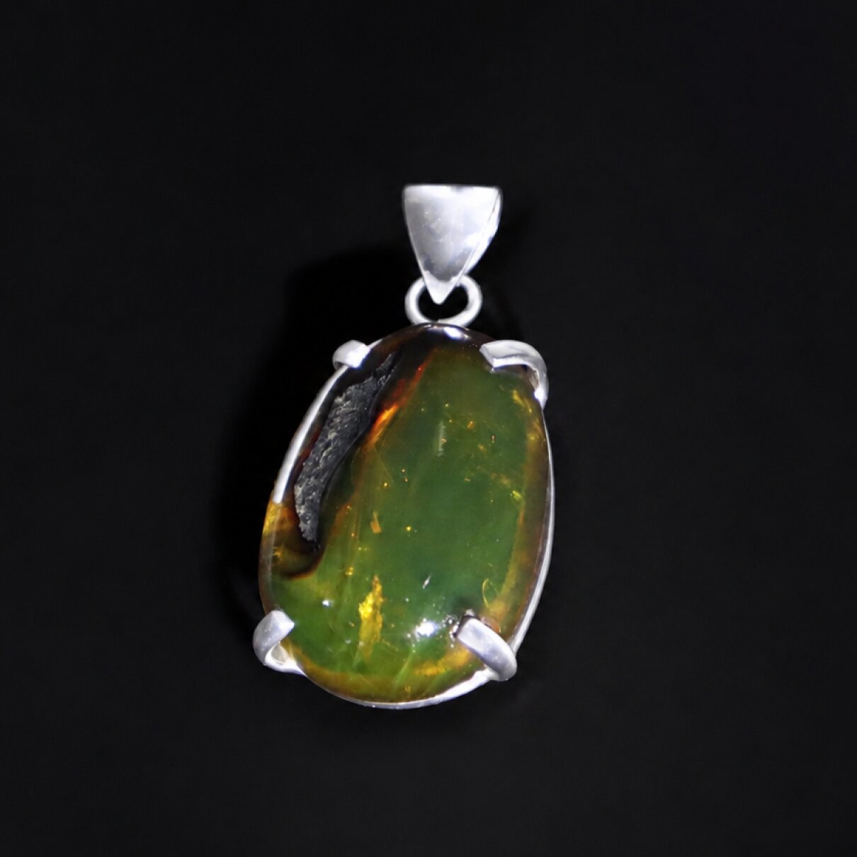 Clear yellow green Natural Dominican Amber slice 925 Sterling Pendant 38 mm – photo 2