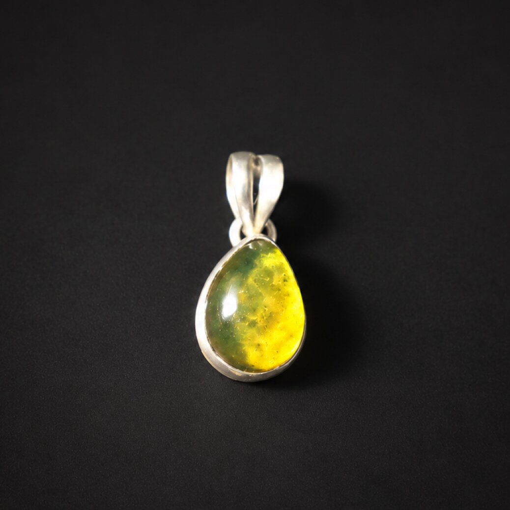 Hand finished dark yellow Dominican amber sterling silver pendant 24mm