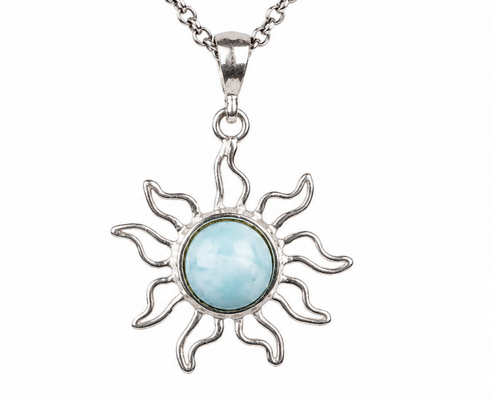 Exquisite Handcrafted Sky Blue Larimar 925 Sterling Silver Sun Pendant 39mm