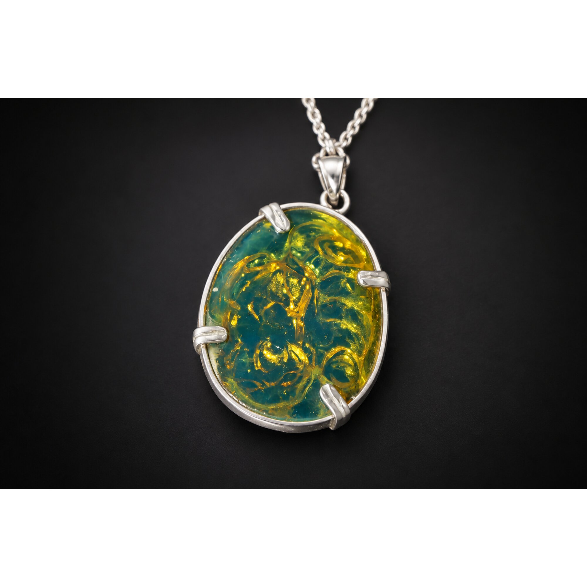 Hand Carved Tiger Dominican Green Amber Sterling Silver Pendant 64mm – photo 14