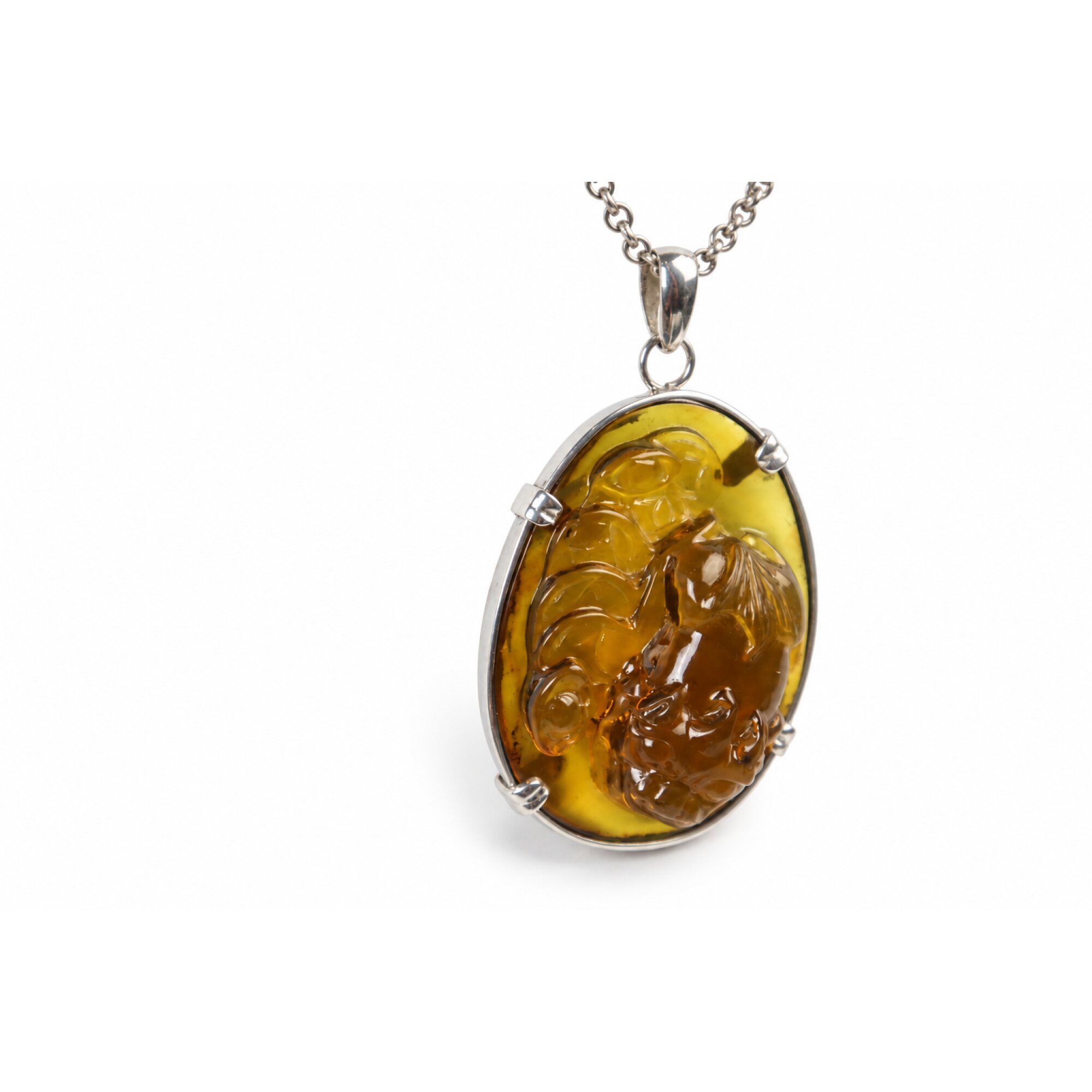 Expertly hand carved cognac green Dominican amber sterling silver pendant 63mm – photo 3