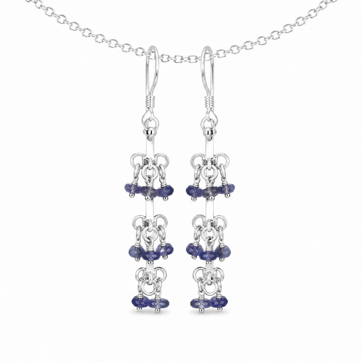 Gift Genuine Blue Violet Iolite 925 Sterling Silver Round Faceted Beads Earrings
