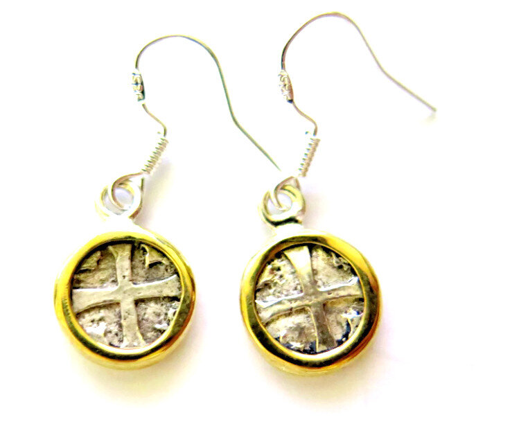 SPAIN COLONIAL PIRATE ATOCHA Shipwreck COIN .925 STERLING SILVER EARRINGS 1.1"