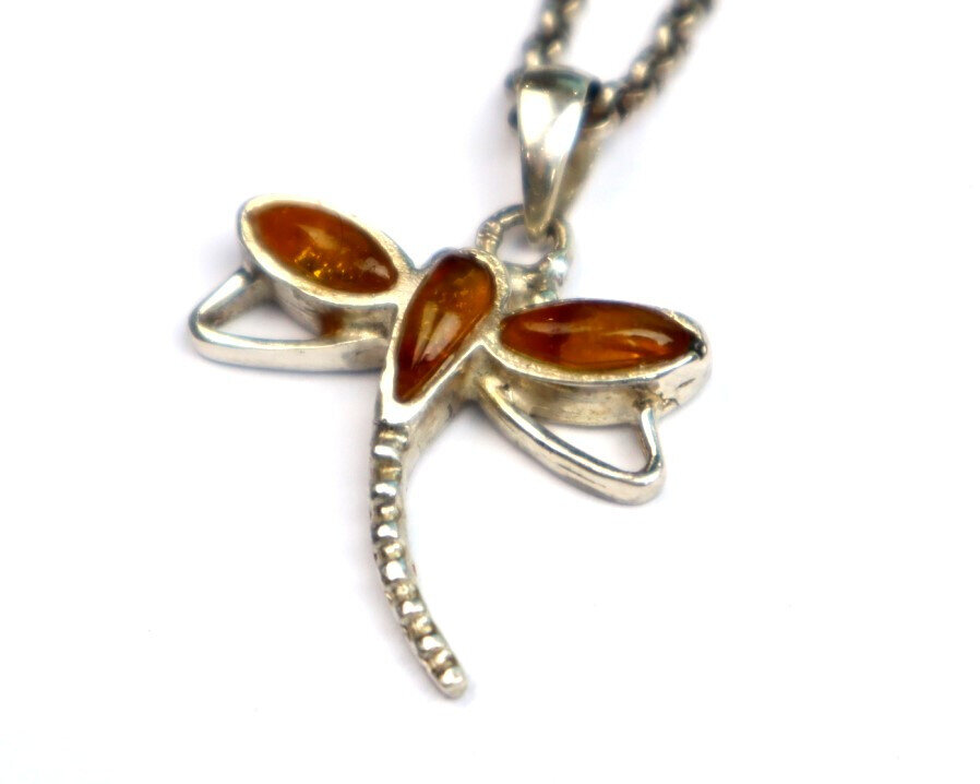 Natural Clear Yellow Orange Amber .925 Sterling Silver Dragonfly Pendant 34mm – photo 4