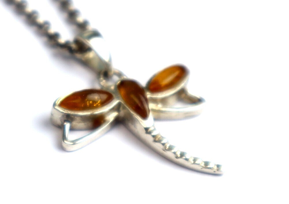 Natural Clear Yellow Orange Amber .925 Sterling Silver Dragonfly Pendant 34mm – photo 6