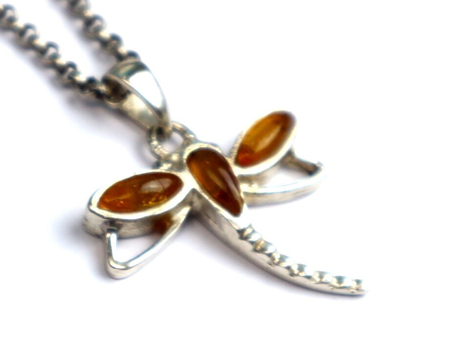 Natural Clear Yellow Orange Amber .925 Sterling Silver Dragonfly Pendant 34mm – photo 7