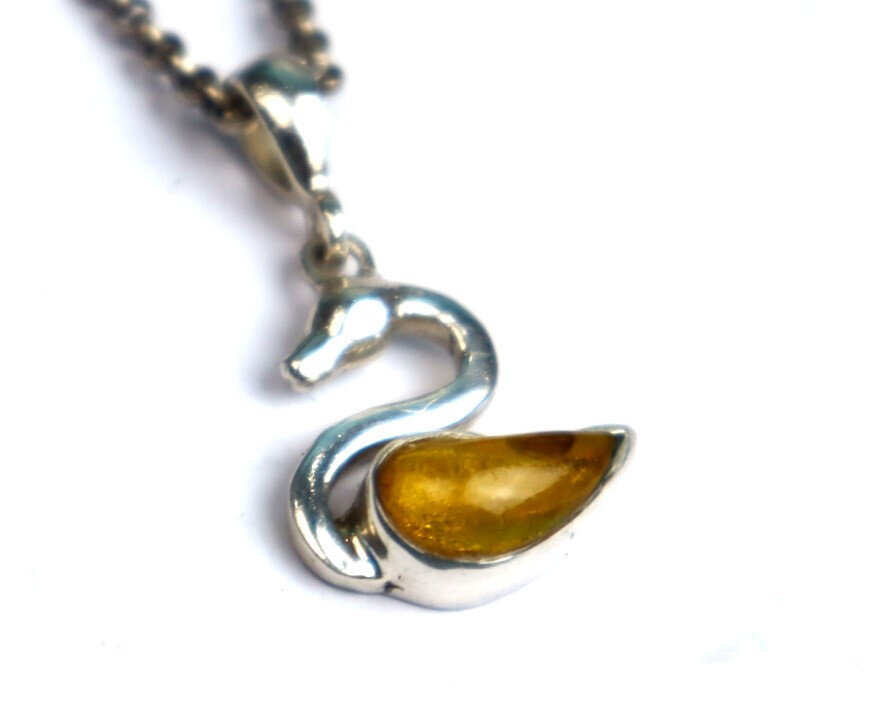 Lovely Natural Clear Yellow Orange Amber .925 Sterling Silver Swan Pendant 32mm – photo 6
