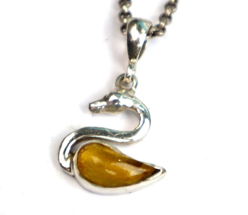 Lovely Natural Clear Yellow Orange Amber .925 Sterling Silver Swan Pendant 32mm – photo 8