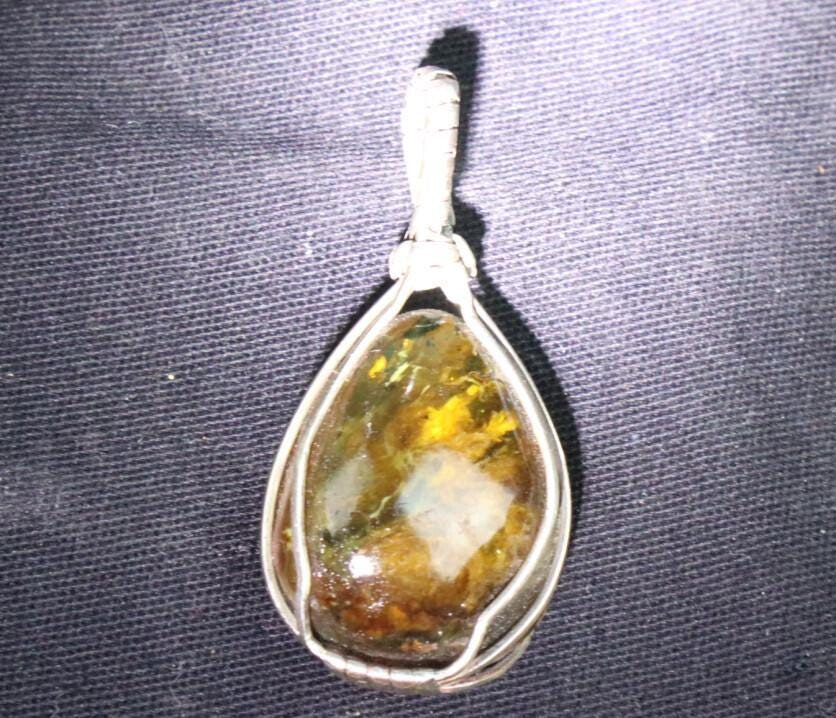 Handcrafted Wired Natural Clear Sky Green Amber 925 Sterling Silver Pendant 47mm – photo 8