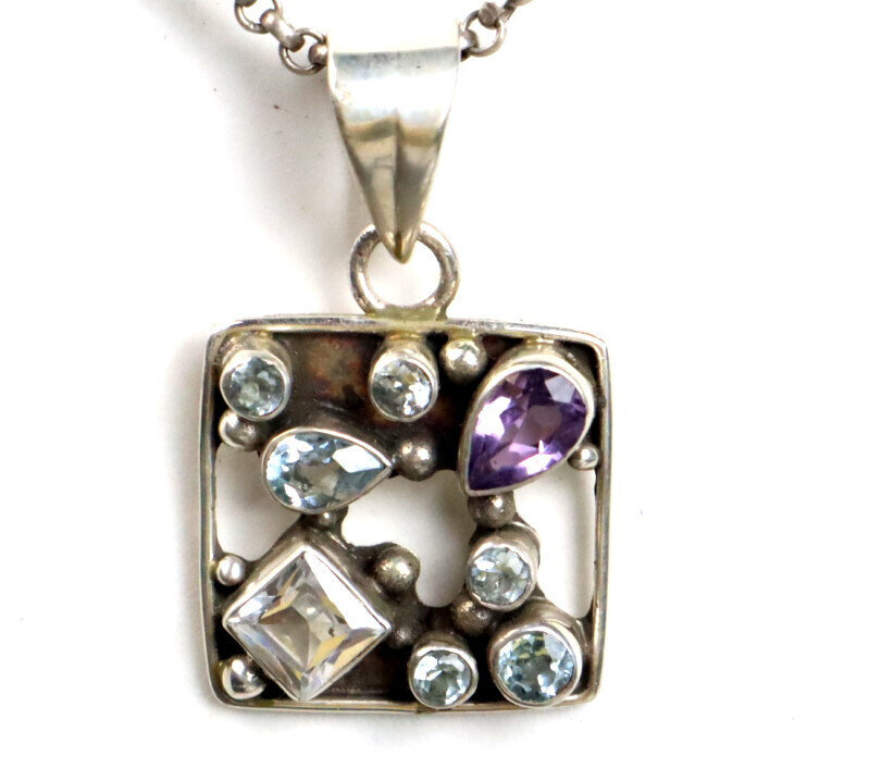 Vintage Natural Amethyst Aquamarine Zirconia 925 Sterling Silver Pendant 36mm – photo 6