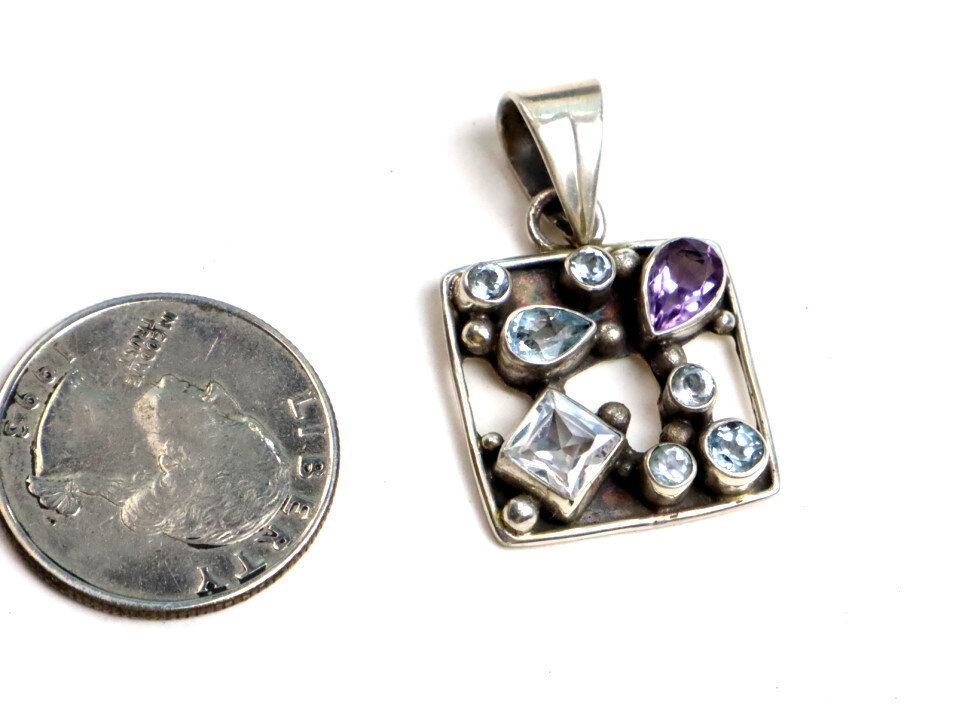 Vintage Natural Amethyst Aquamarine Zirconia 925 Sterling Silver Pendant 36mm – photo 8