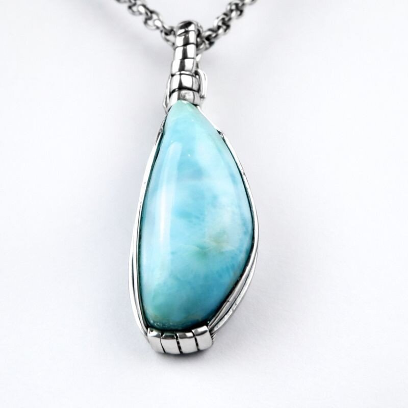 Handcrafted Natural Sky Blue Larimar .925 Sterling Silver Pendant 45mm – photo 4