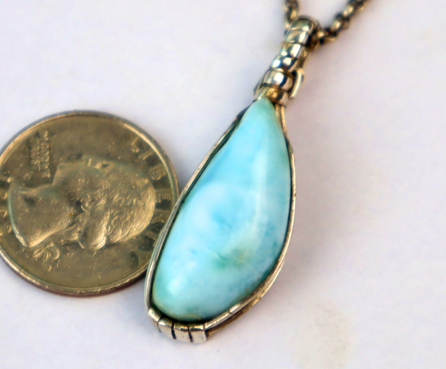 Handcrafted Natural Sky Blue Larimar .925 Sterling Silver Pendant 45mm – photo 9
