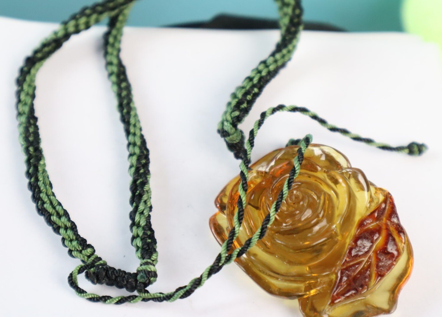 Hand-Carved Dominican Green Amber Pendant – Floral Design – photo 3