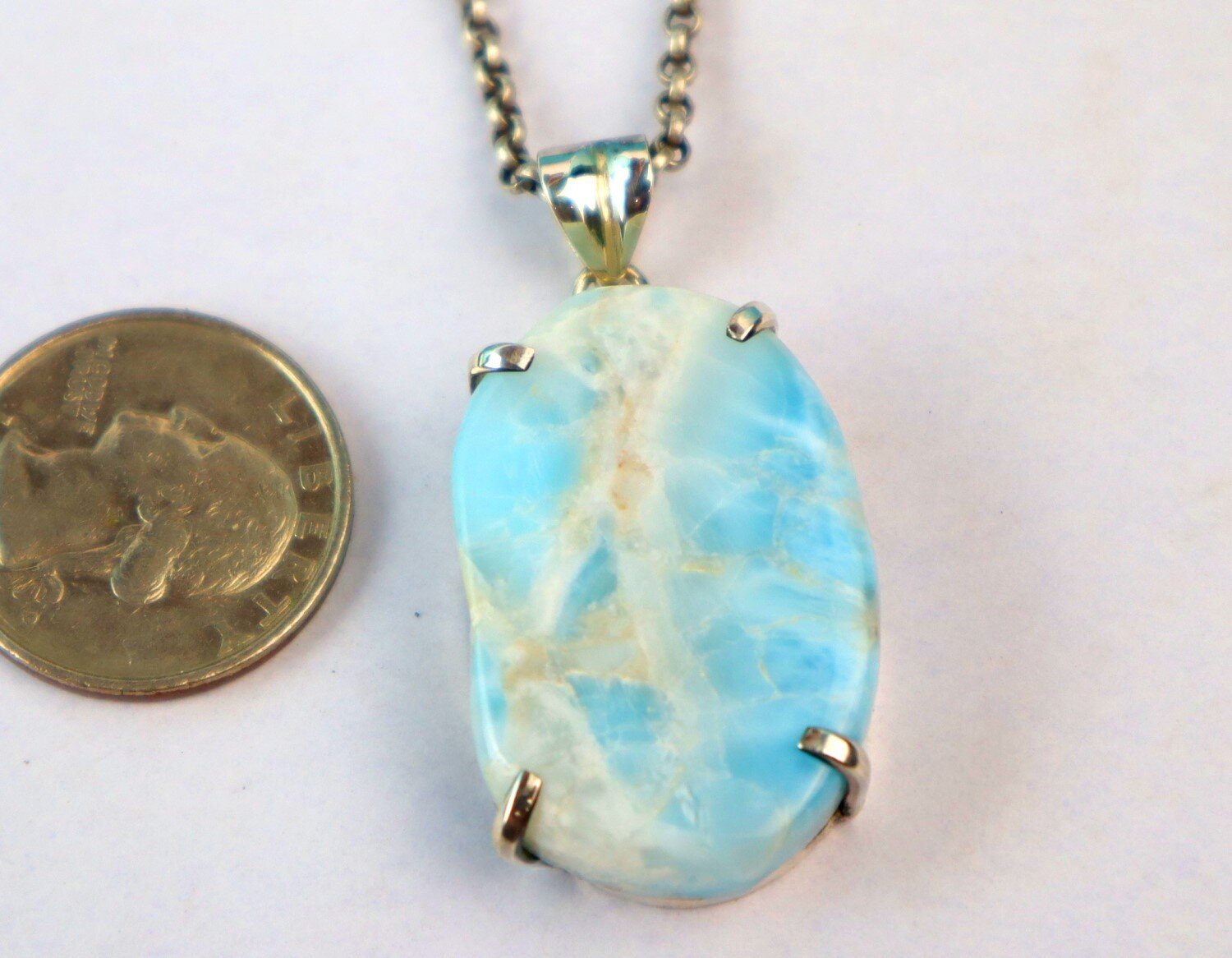Impressive Natural Sky Blue Larimar .925 Sterling Silver Pendant 47mm – photo 3